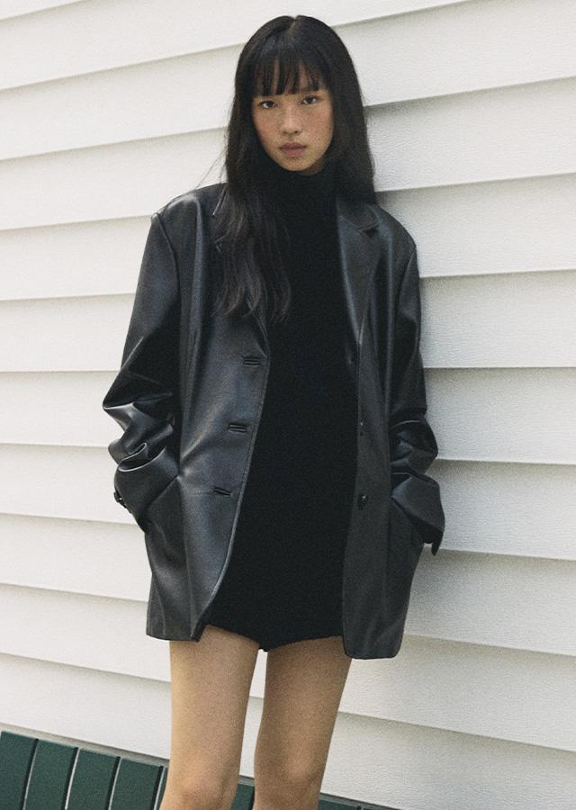 leather single jacket-black