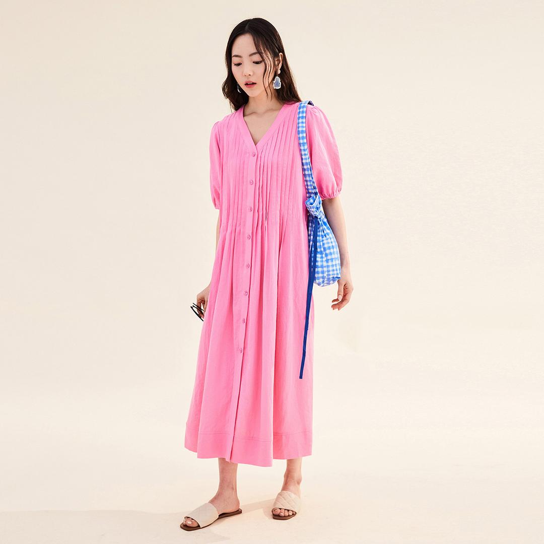 LINEN PLEATED DRESS PINK