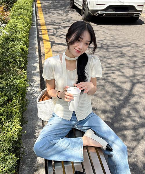 루엣 MADE 롬스 라운드 스트랩 타이 반팔 가디건(러블리룩/밑단시보리)