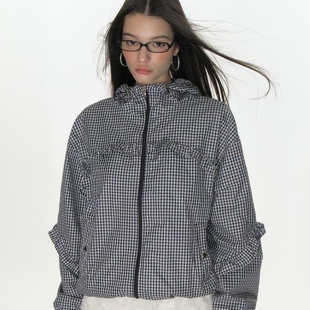 CHECK FRILL WINDBREAKER_NAVY