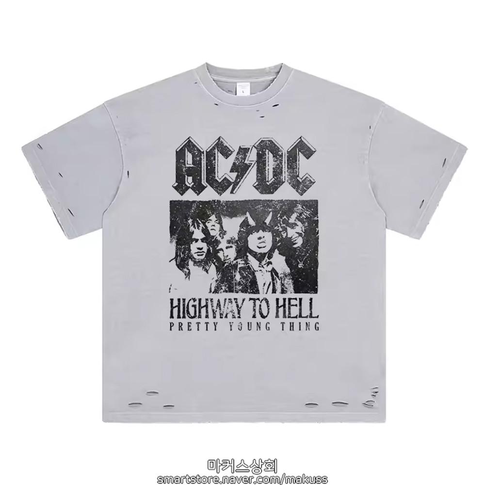 빈티지 데미지 워싱 ACDC 프린팅 반팔티 락티셔츠 루즈핏 메탈티 순면 스트릿
