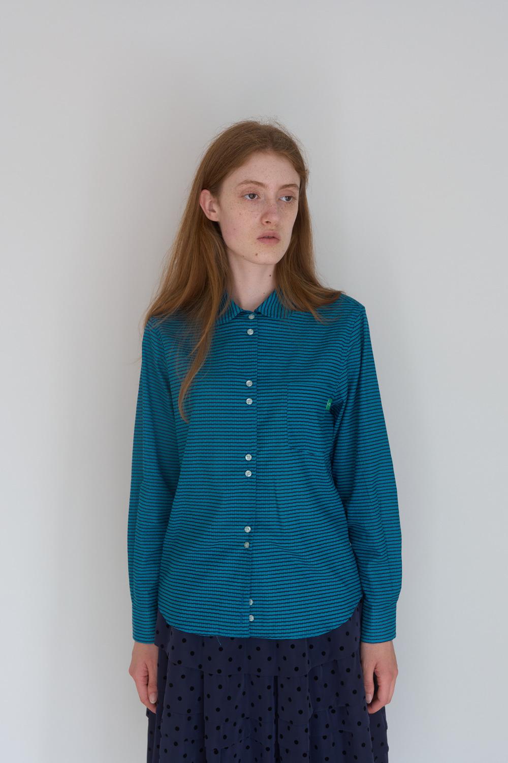 92. Stripe round collar shirt_Blue