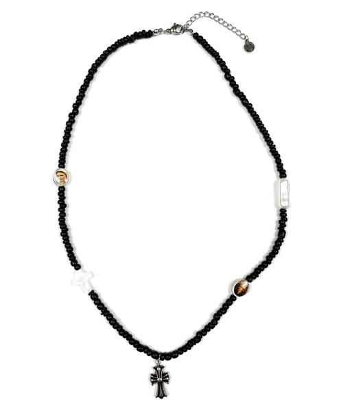 Cross Rosary Wooden Beads Necklace (Black)