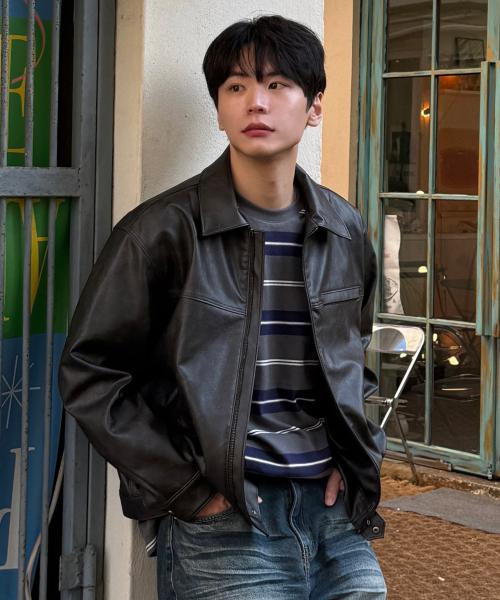 워싱 레더 집업 트러커