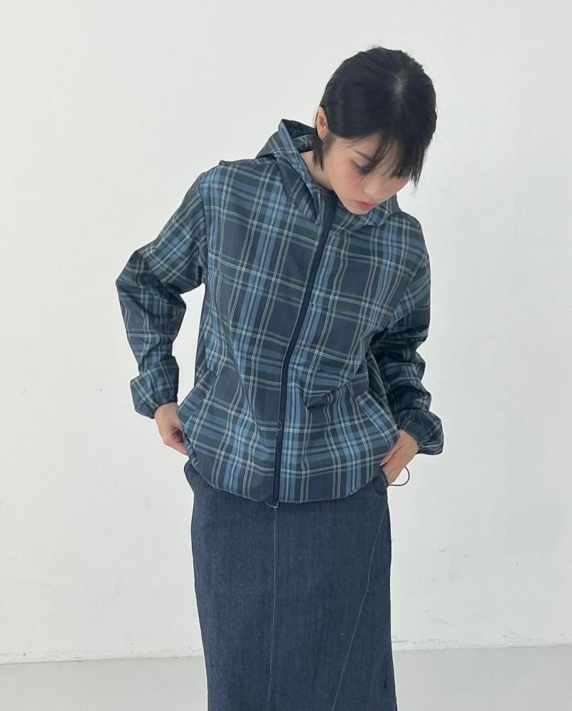 가을 숏 빈티지 체크 블루종 후드 바람막이 자켓 (3color)