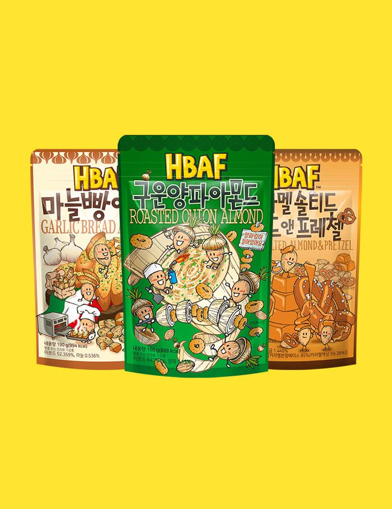 HBAF 바프 아몬드 3봉세트 (구운양파190gX마늘빵190gX카라멜190g)
