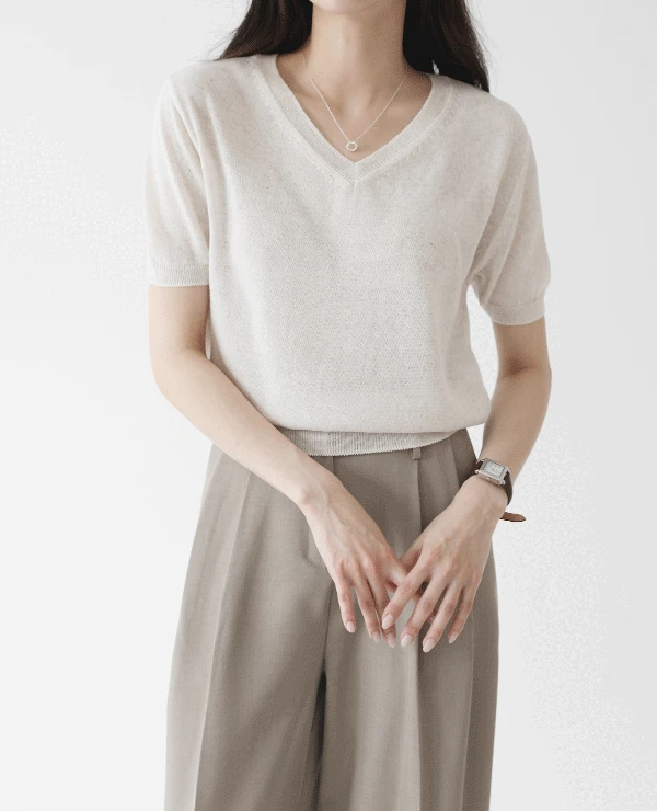 [여름니트/브이넥,라운드넥] 템버린 린넨 반팔니트 (5color) - 여름니트 린넨니트 여름하객룩 하객룩코디 이너 레이어드 숏니트 출근룩 데일리룩 여행룩 휴가룩 바캉스룩 휴양지룩