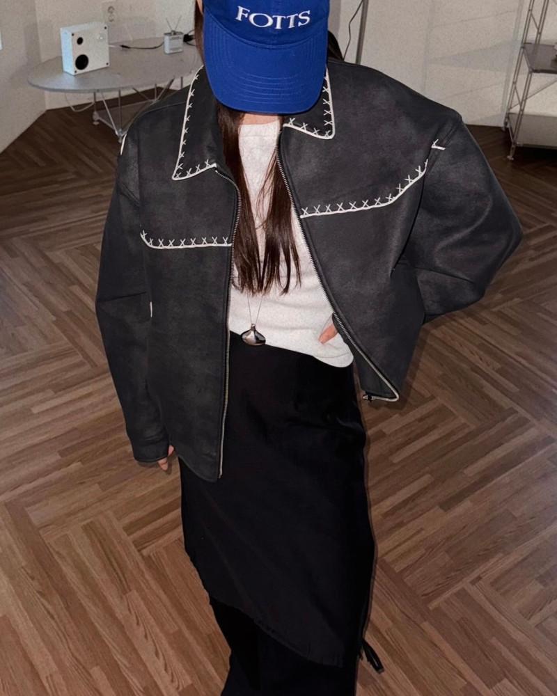 에그이즈 웨스턴 블루종 가을 빈티지 페이크 레더 점퍼