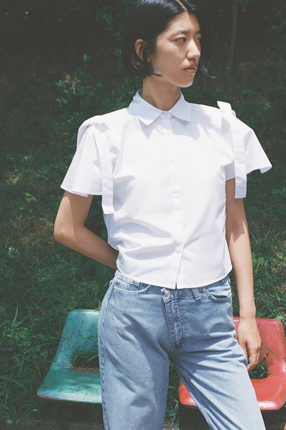 리본 디테일 포플린 셔츠