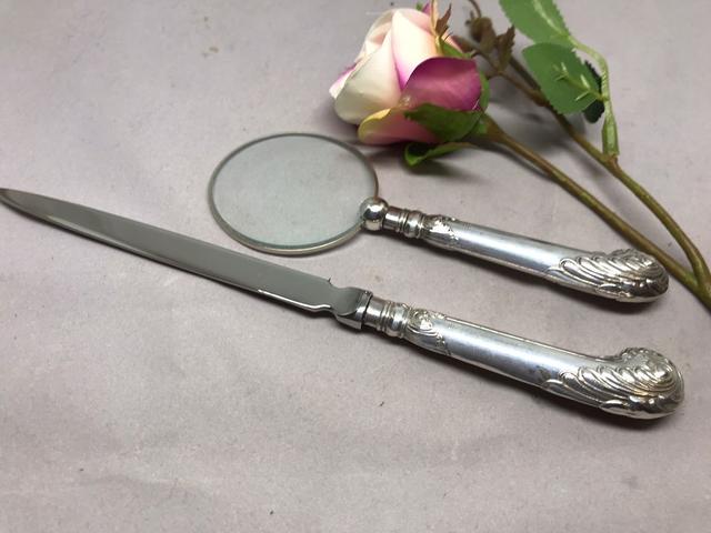 Antique, sterling silver, pistol grip letter opener and magnifying glass set hallmarked Sheffield 1915. Ideal gift and desk accessory