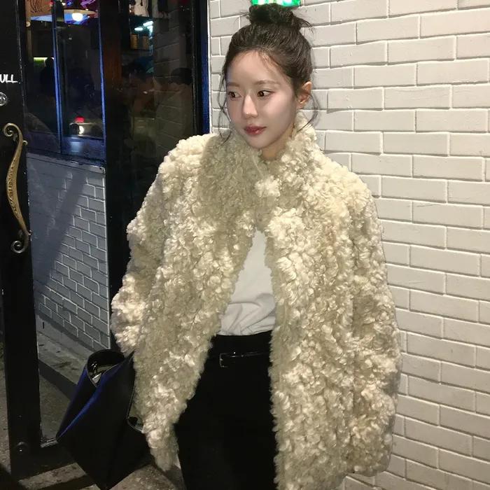 SHEARLING HIGH NECK FUR JACKET - BEIGE