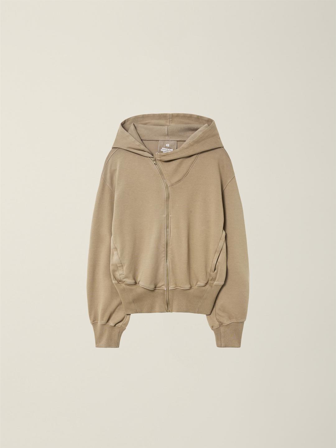 MENS GARMENT DYED CURVED HOODED ZIP JACKET  MODERN MOCHA