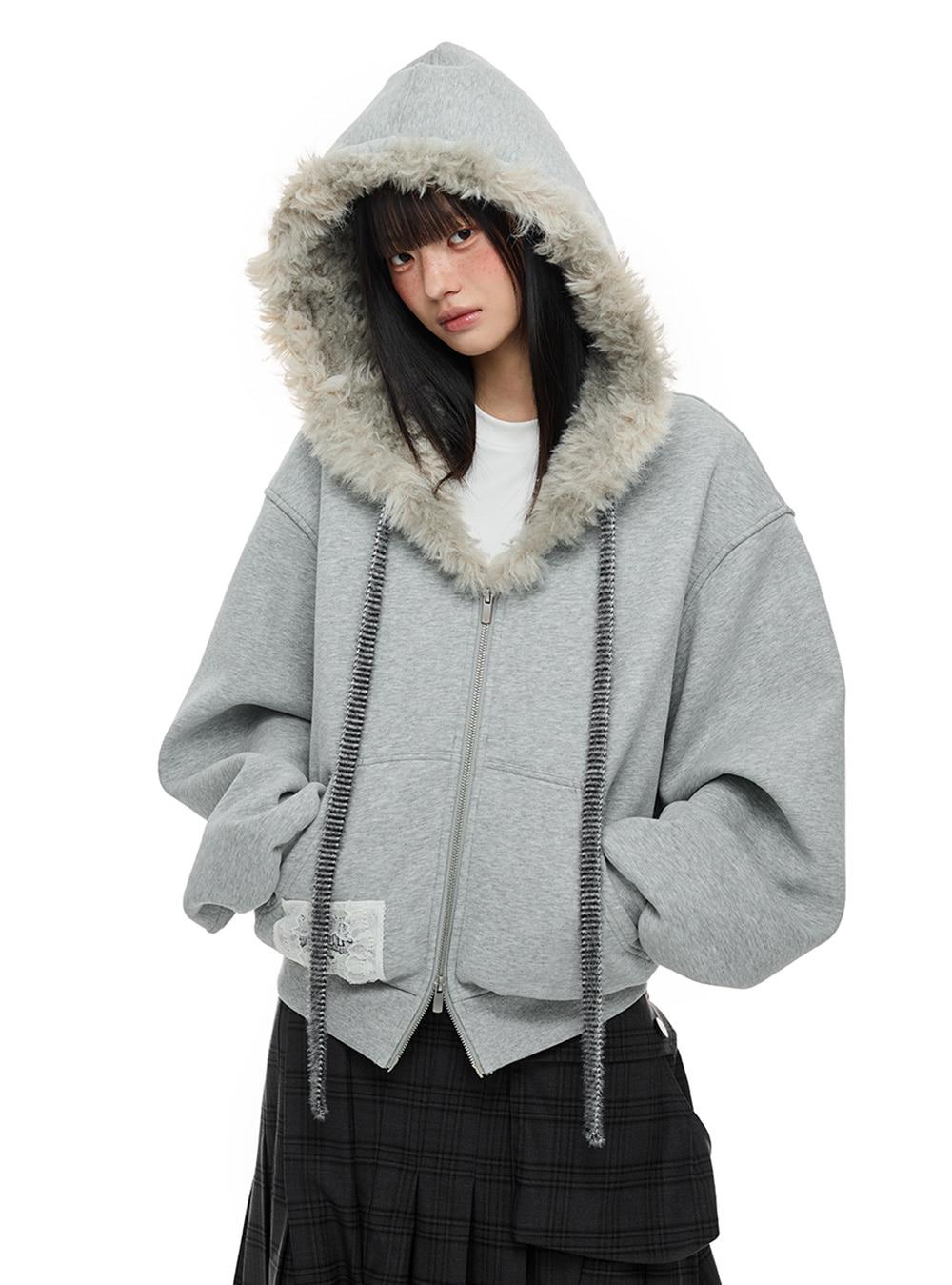 Gray Fuzzy Hood Cloud Jacket