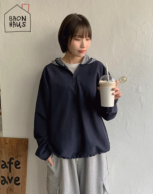 [3일간 new 5% sale] [BAONHAUS] 미캉 체크 배색 나일론 반집업 후드 티 (2color)