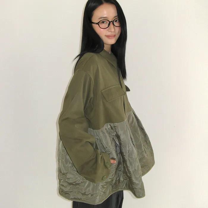 RIBBON QUILTED FRILL FIELD JACKET KHAKI