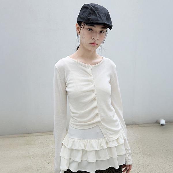 로라로라 SHIRRING BUTTON UNBALANCE CARDIGAN IVORY