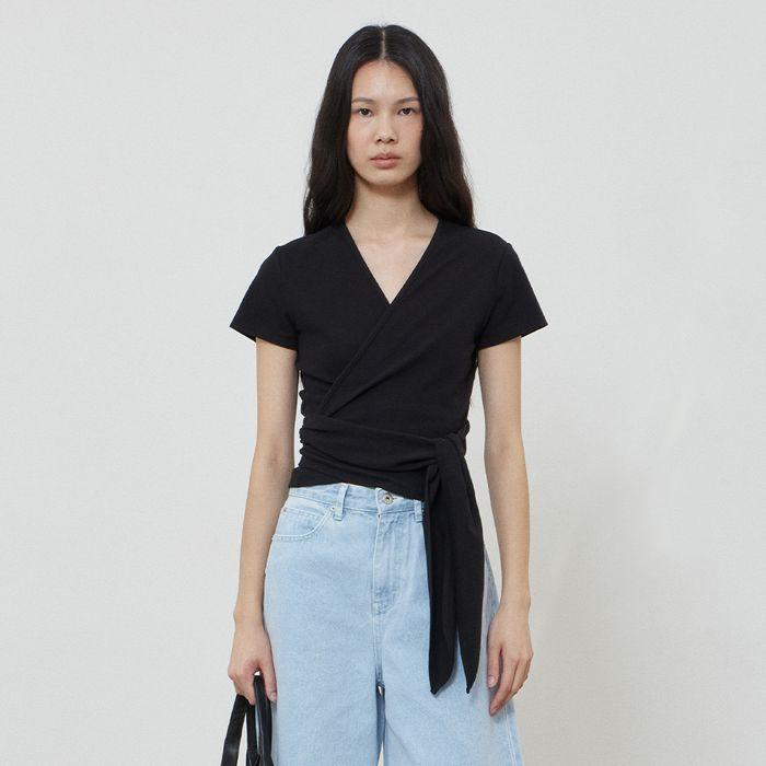 V WRAP COTTON T-SHIRT - BLACK