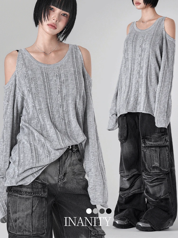 당일출고🚀[여리루즈] 스트라이프 오픈워크 오픈숄더 루즈핏 니트 4color