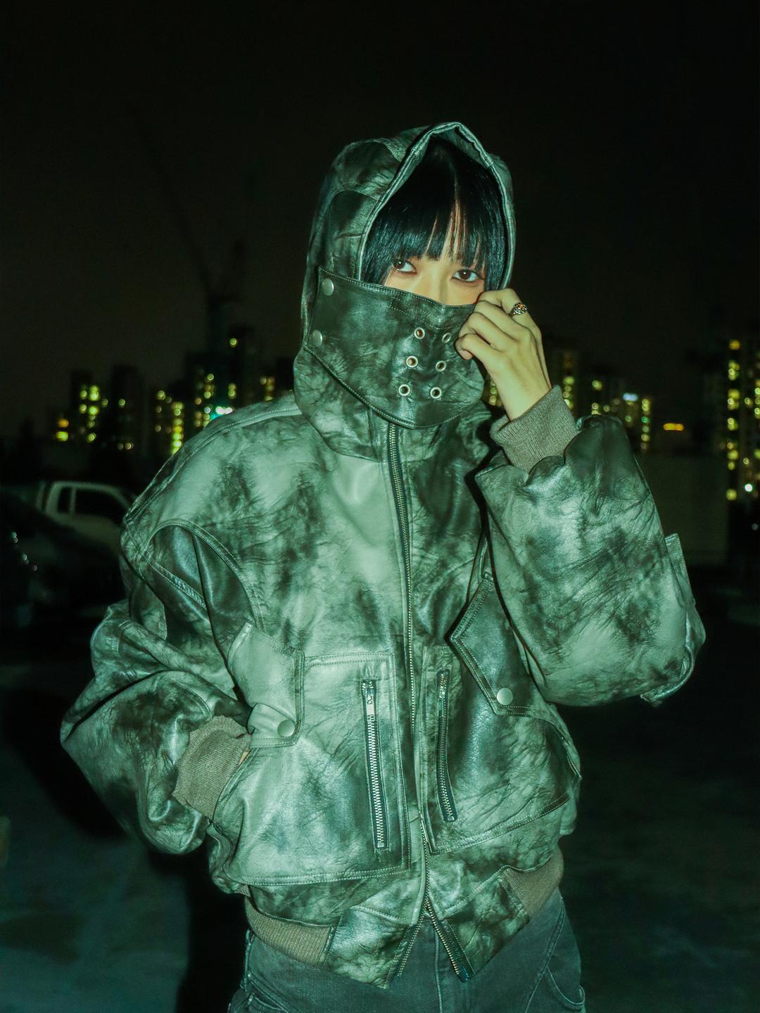 (4oz 누빔) Circle Leather Mask Jacket (Khaki Grey)