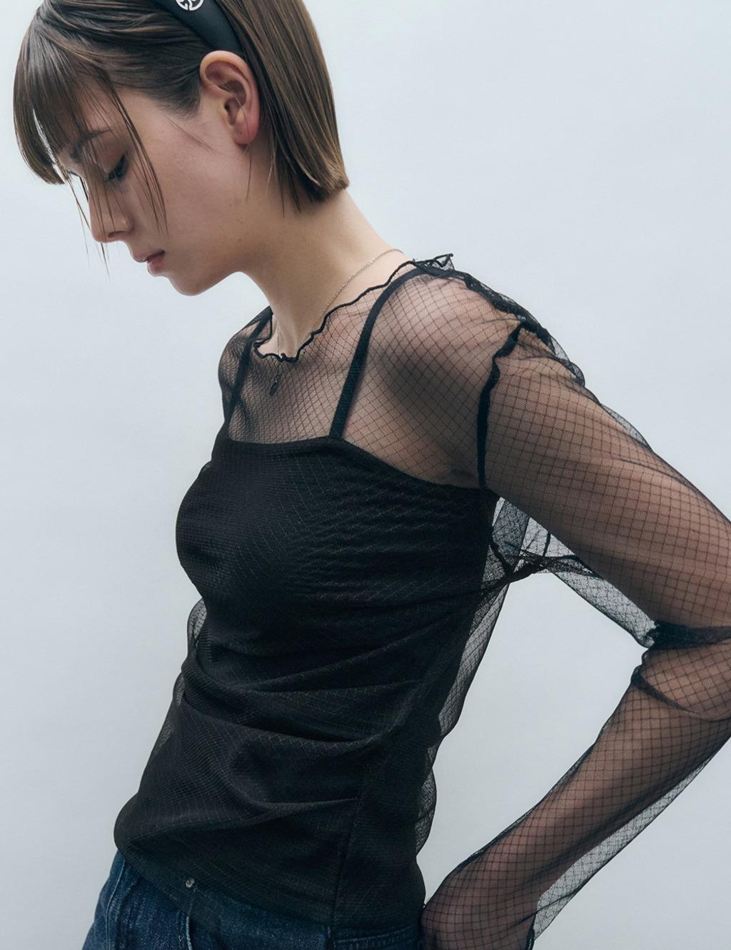 사이드 셔링 다이아 시스루 롱 슬리브 블랙 MDTS061DIABLACK