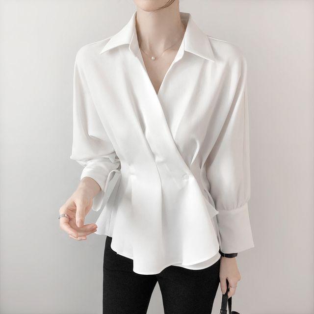 플레어 랩 카라 하객 정장 쉬폰 블라우스 여자 흰색 하객룩 오피스룩