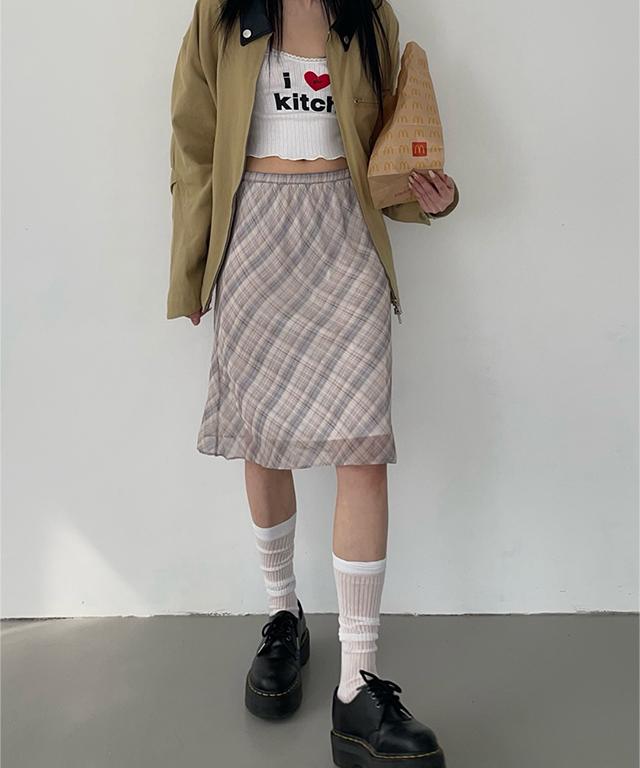 잇프 shy pastel chiffon check midi skirt / 샤이 파스텔 쉬폰 체크 미디 스커트