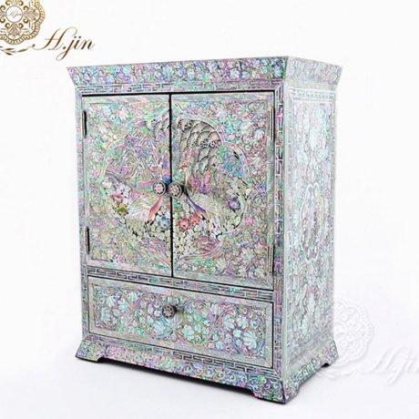 H.jin 나전칠기 자개 쌍문 보석함 목단 이조학