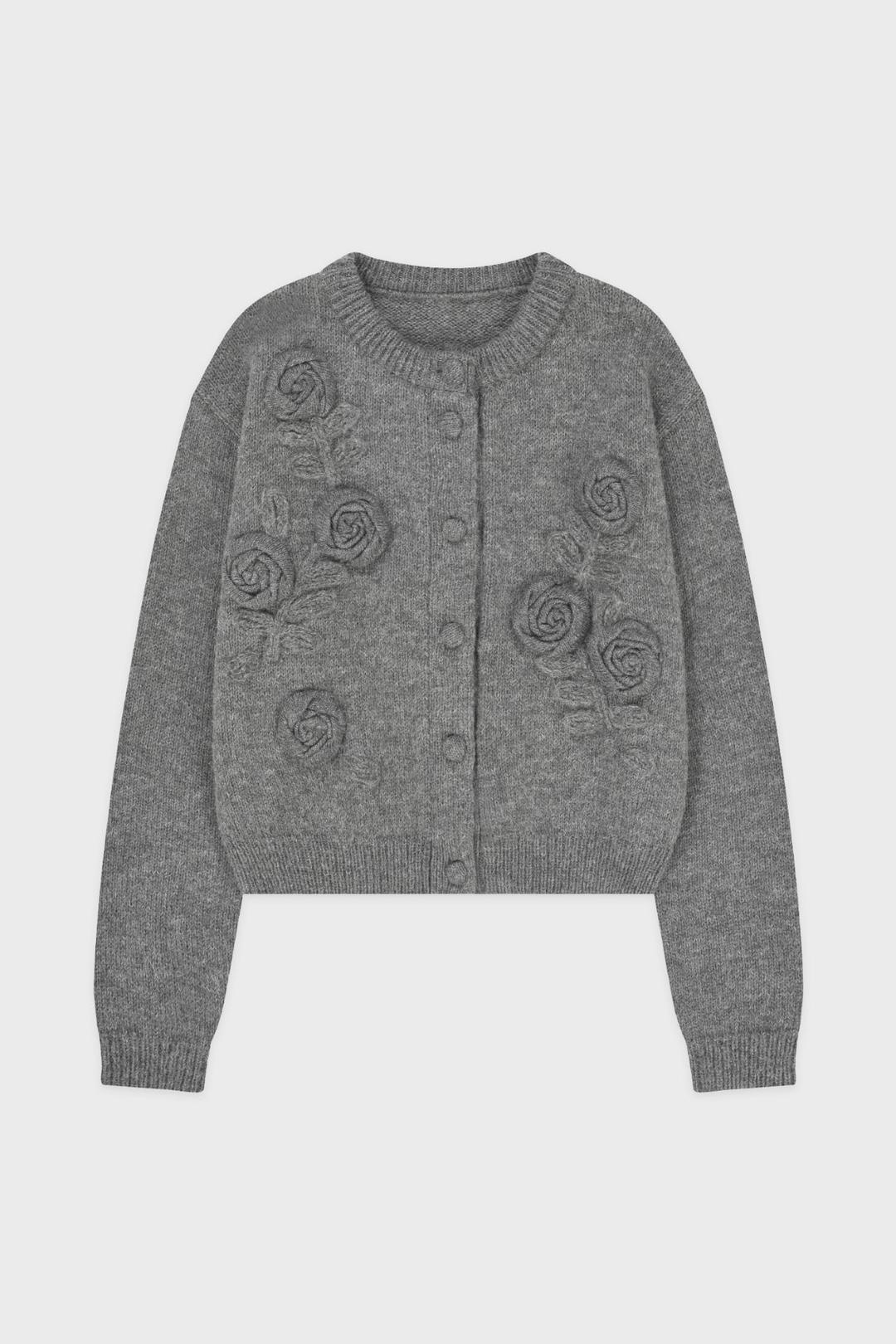 Rose Artwork Hairy Cardigan (Melange Grey)