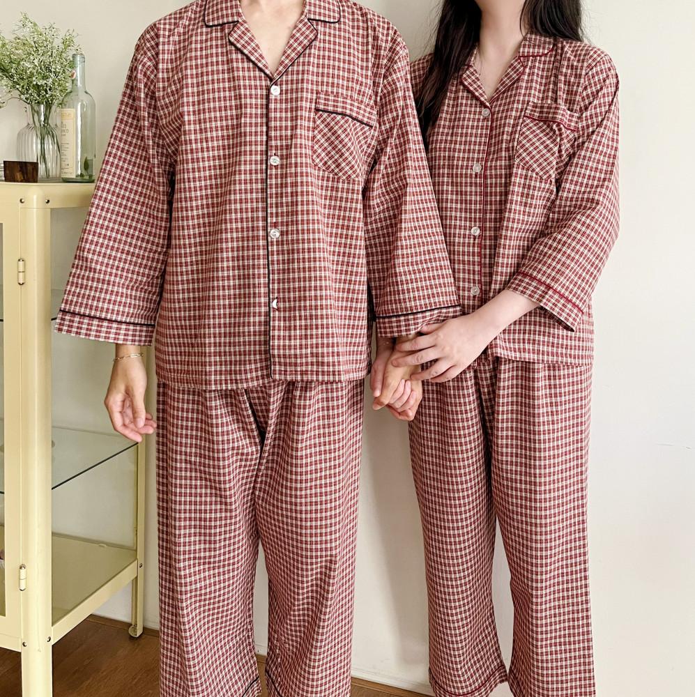 국산 순면 커플 잠옷 국산 칠리 체크 신혼 홈웨어 파자마