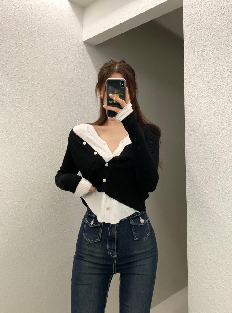 [무료배송] 코이 이중 레이어드 골지 브이넥 가디건