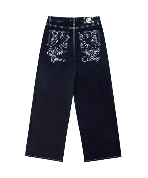 Lion Embroidery Wide Denim Pants - Indigo Blue
