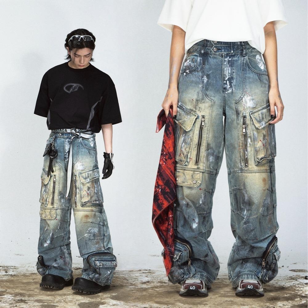 PEOPLESTYLE 빈티지 워싱 와이드 카고 데님팬츠 포켓 청바지