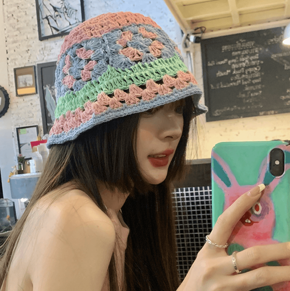 마이초이 (당일발송) 여름 플라워 니트 버킷햇 벙거지 모자 키치 빈티지 뜨개 크로셰 아메카지