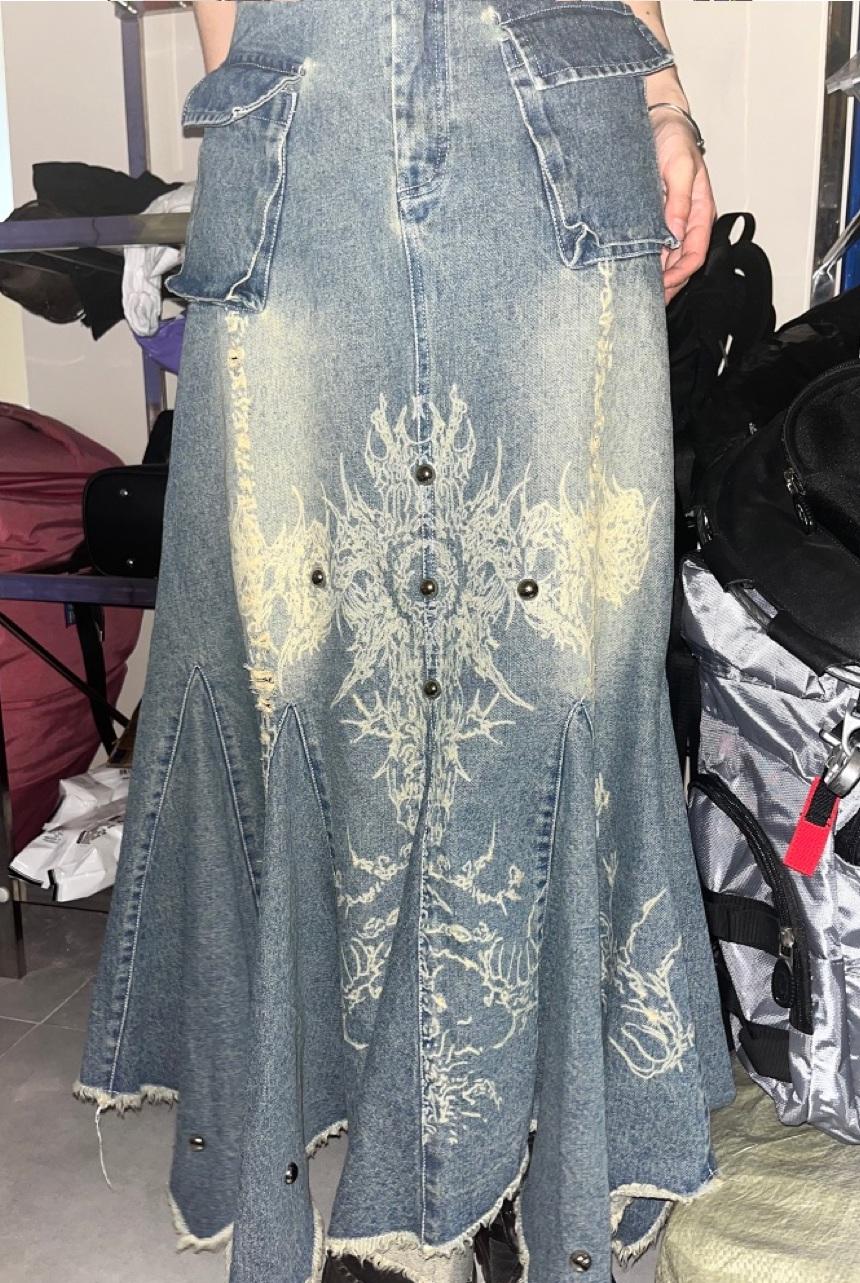 Elyoya 올드 워싱 프린트 데님 하프 스커트