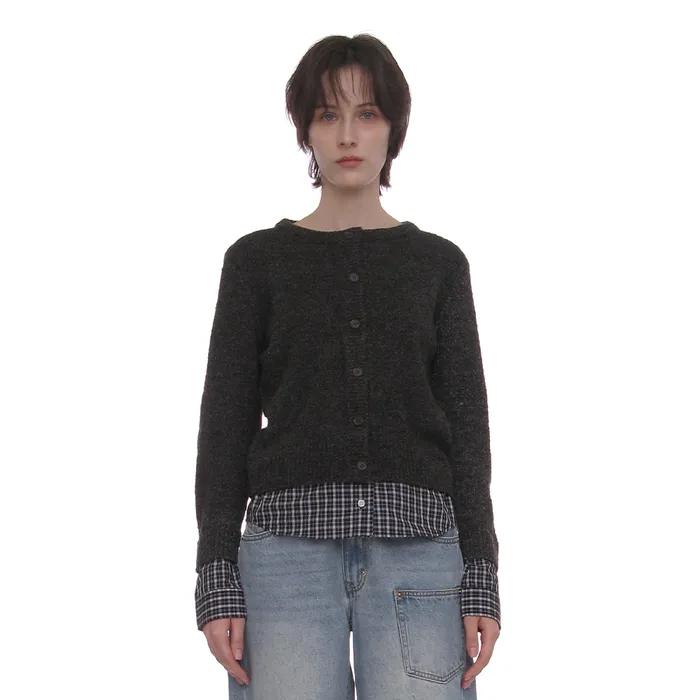 BOUCLE SHIRT-HEM LAYERED CARDIGAN_CHARCOAL MELANGE