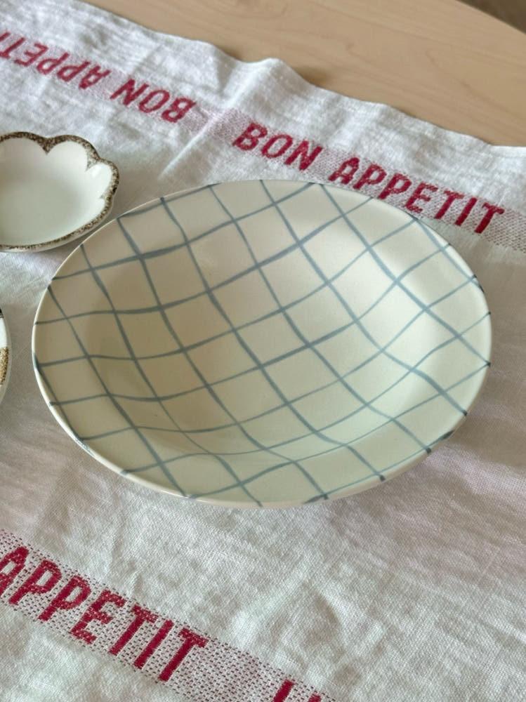 파스타 샐러드 접시 블루 체크 브런치 접시 빈티지그릇