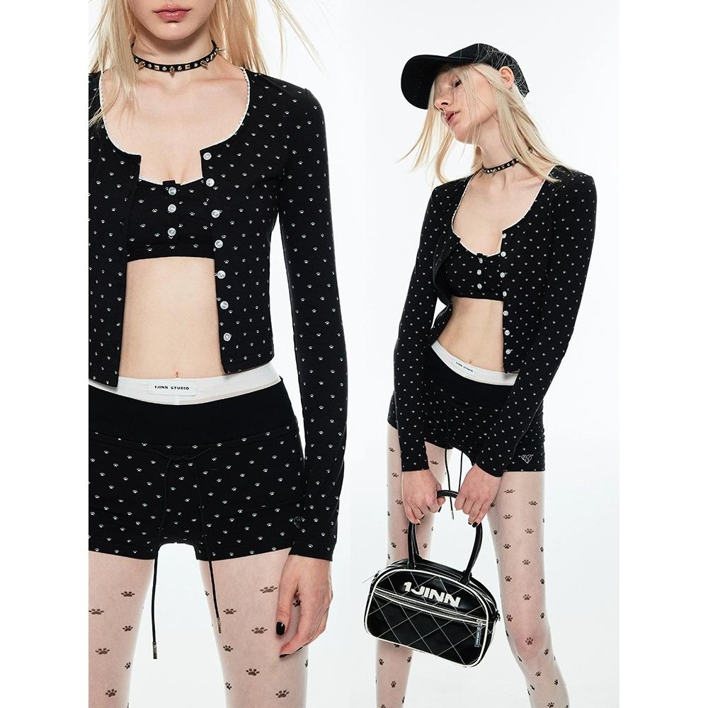 1JINN STUDIO 원진스튜디오 언발란스 슬림핏 니트 슬림 카디건 도트탑