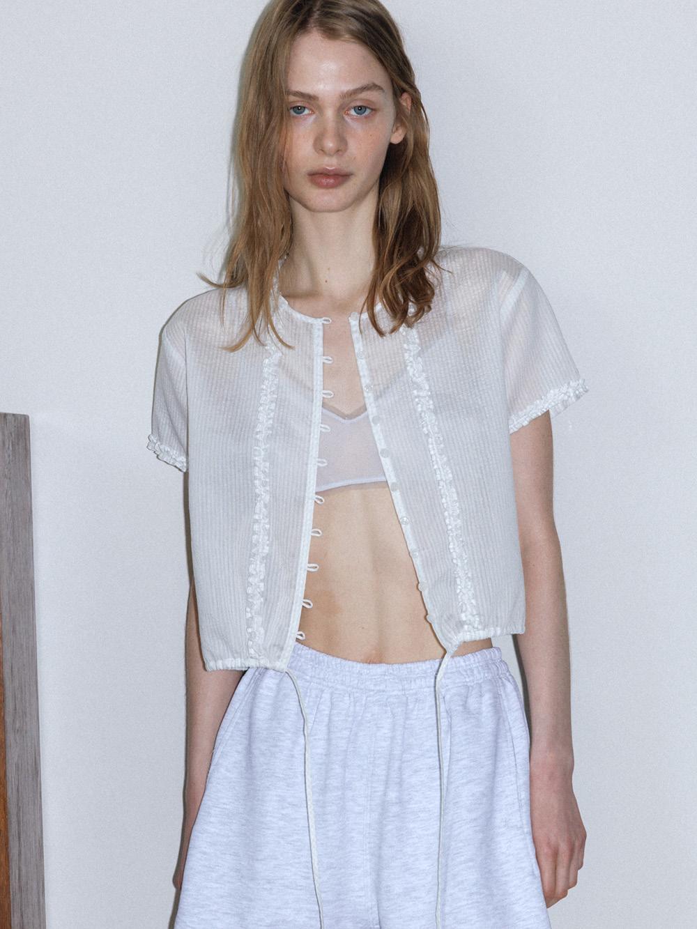 STRIPE SHORT RUFFLE BLOUSE, WHITE