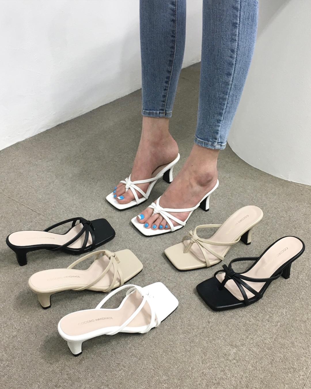 [당일배송/국산수제] 5cm,7cm 스퀘어 매듭 꼬임 하프 통굽 슬리퍼 샌들힐