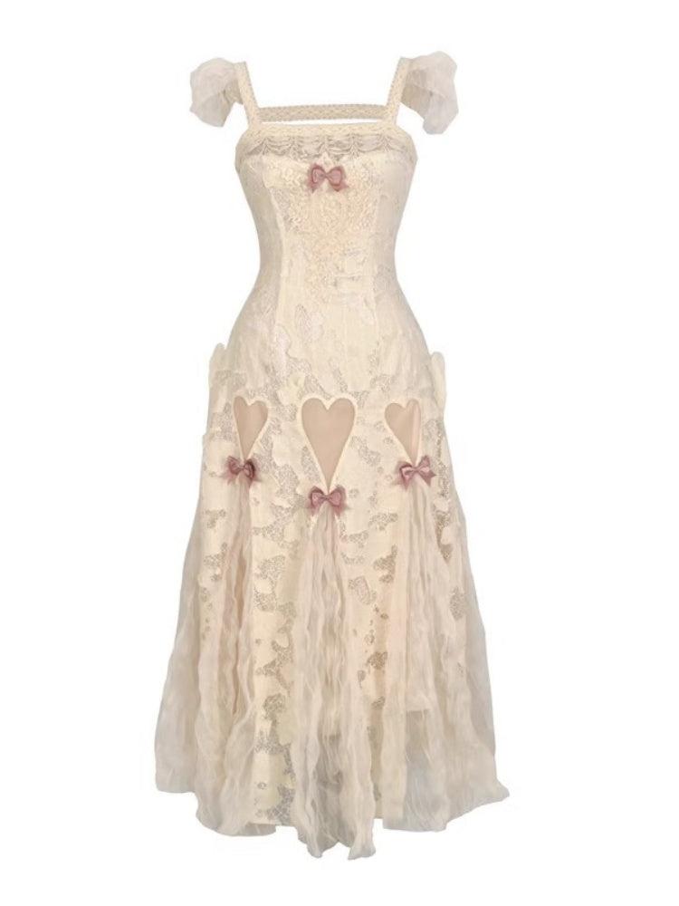 Love Heart Ribbon Cut-Out Lace Slip Dress【s0000013572】