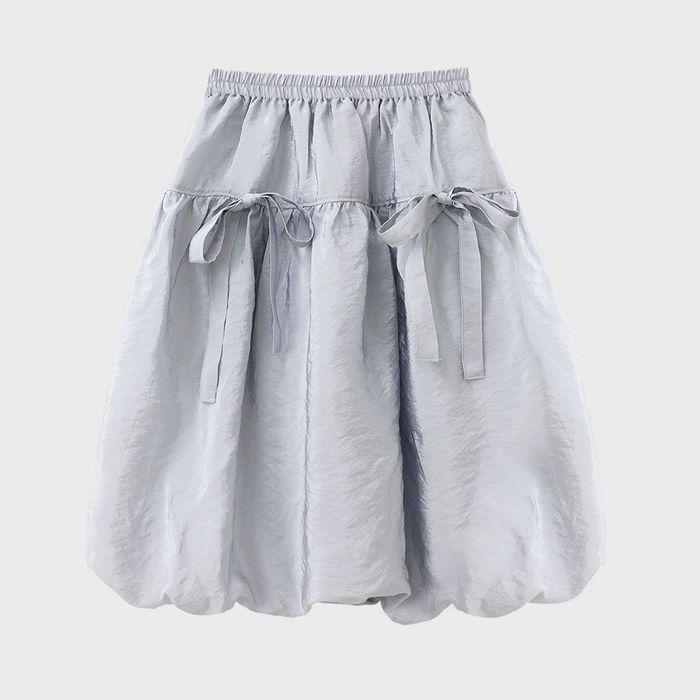 클라우드 리본 퍼프 벌룬 플레어 미디 스커트_라이트그레이