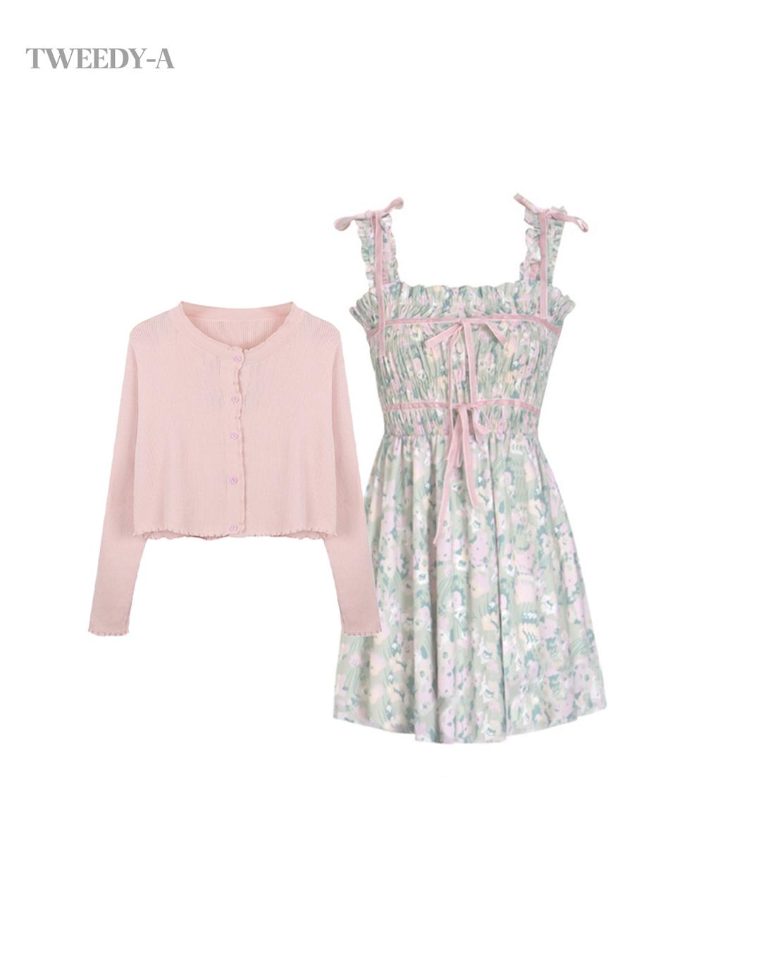 자스민 플라워 패턴 뷔스티에 원피스 가디건 셋트