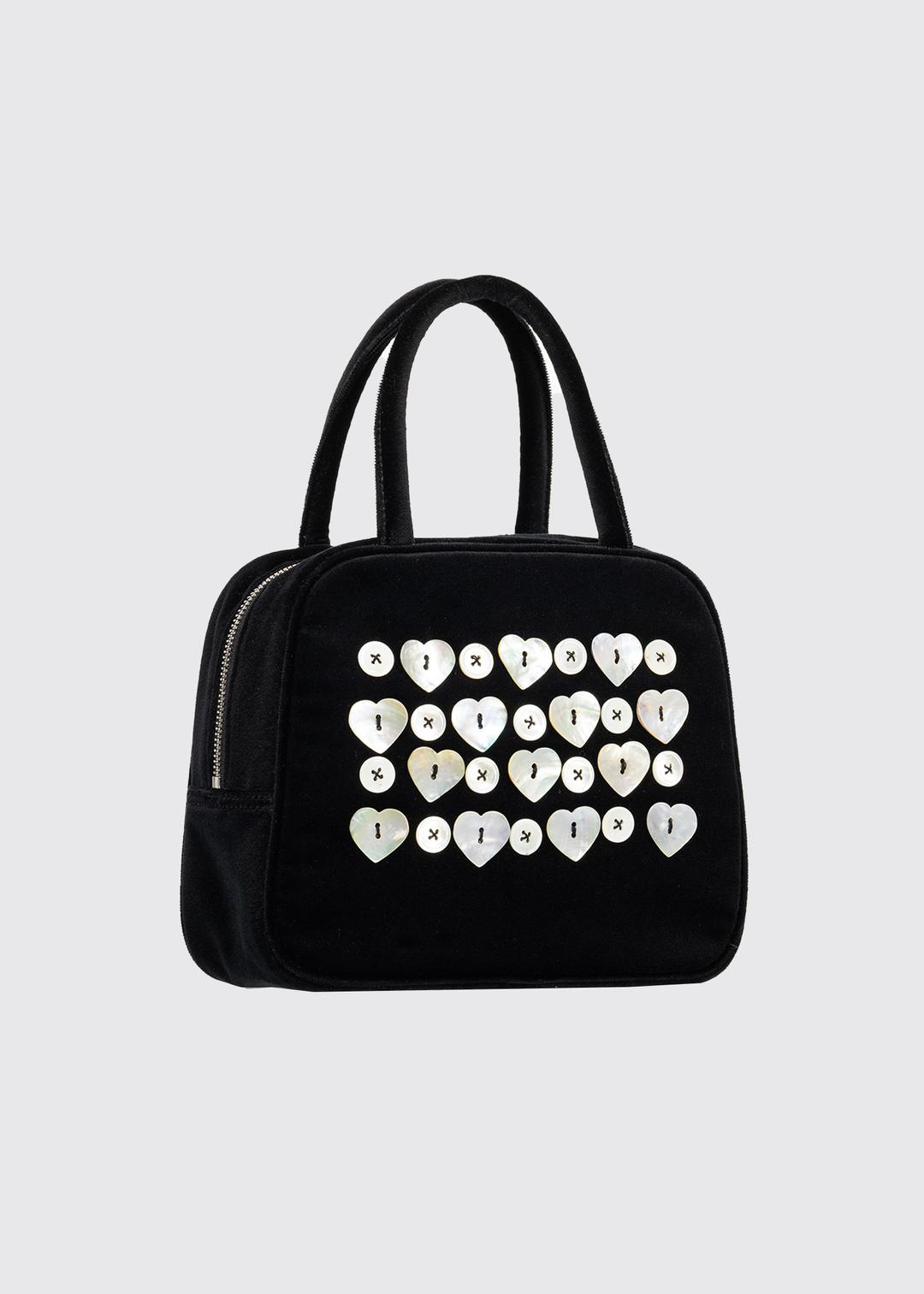 [Shipped on 4/14] MOTHER-OF-PEARL BUTTON COTTON VELVET HAND BAG - BLACK