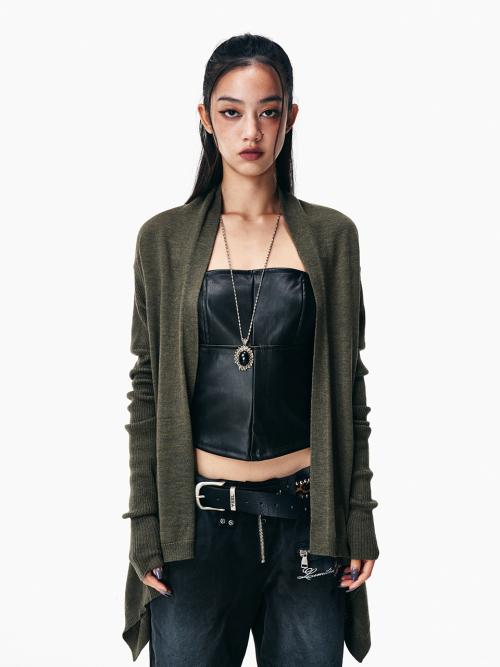 DRAPED BUTTON-DETAIL OPEN CARDIGAN KHAKI