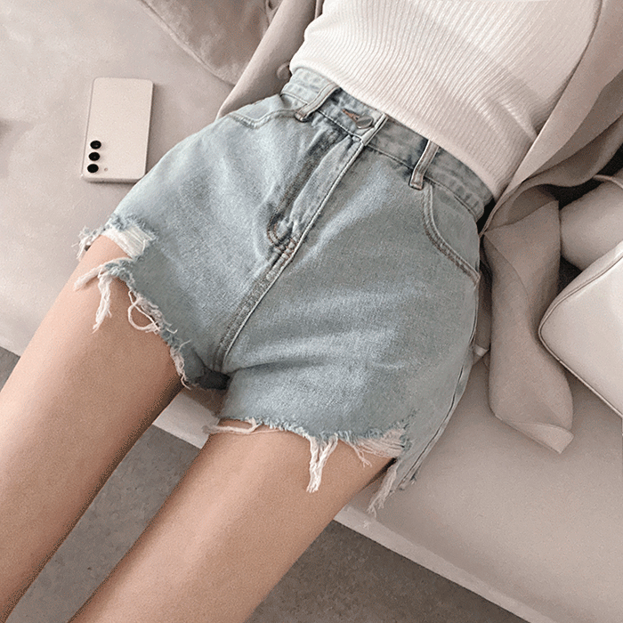 [S~XL/엉밑살커버] 단독❗ 뮤트워싱 데미지 베이직 데님숏팬츠 (A라인핏)