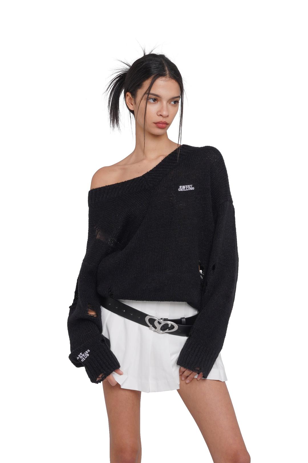 ‘DESTROYED  REALITIES' V-NECK SWEATER - XS / BLACK