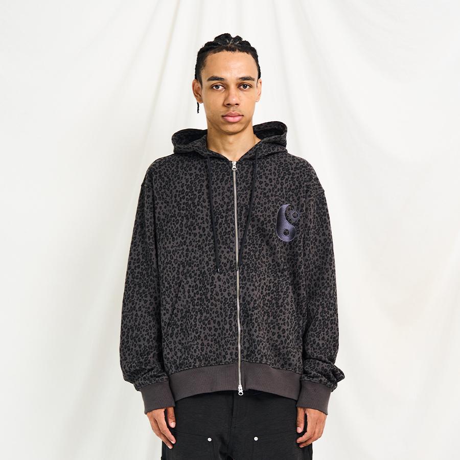 LEOPARD YINYANG EMBROIDERY HOODED ZIP-UP (CHARCOAL)