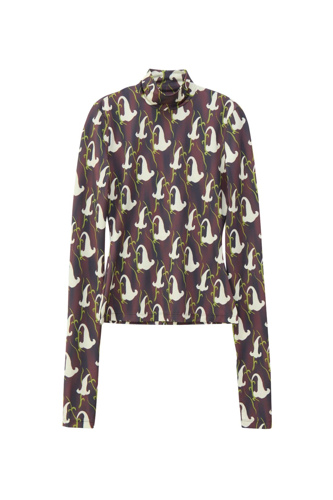 FLOWER MOCKNECK PRINT T-SHIRT BROWN