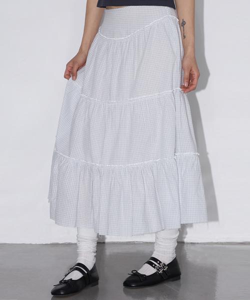 체크 티어드 롱 스커트 소라