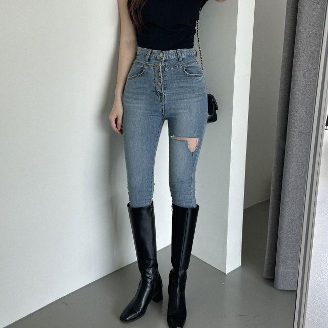 4버튼 하이웨스트 중청 찢청 스키니 청바지 62_예핏